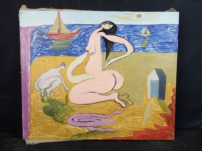 un tableau représentant une femme assise sur la plage