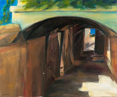 une peinture à l'huile représentant un tunnel avec le ciel en arrière-plan