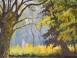 a painting of a tree and a bench in a park
