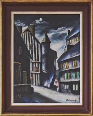 an oil painting of a street scene with buildings and a person walking down the street