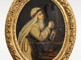 portrait of a woman in a gold frame holding a knife