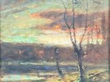 an oil painting of a sunset over a lake with trees