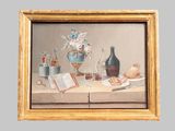 a painting of a still life with a book and a vase on a table