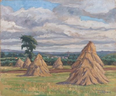 tableau représentant des meules de foin dans un champ sous un ciel nuageux