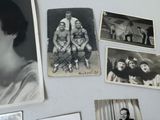 several old black and white photos of a woman and two men
