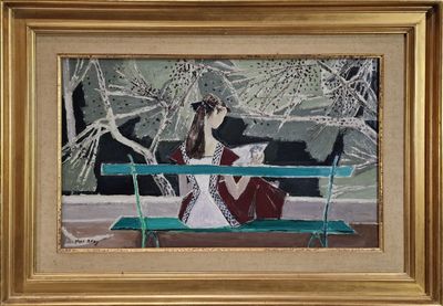 a painting of a woman sitting on a bench