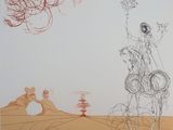 un dessin représentant un homme à cheval dans le désert