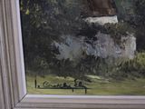an oil painting of a white house in a field with trees in the background