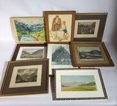 several framed and unframed pictures of a mountain scene