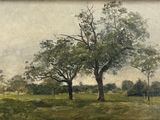 a painting of two trees in the middle of a field