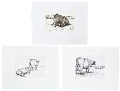 trois gravures représentant des vaches dans un champ, dont l'une est couchée