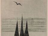 un dessin en noir et blanc représentant un oiseau survolant une étendue d'eau