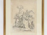 un dessin représentant une femme assise sur un banc devant une maison