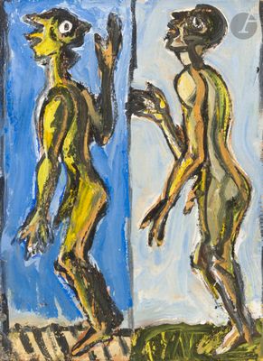 tableau représentant deux hommes debout devant un miroir, sur fond bleu