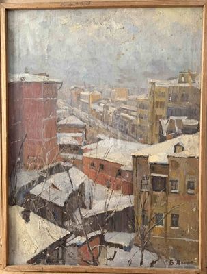 une peinture à l'huile représentant une ville enneigée, dans un cadre en bois