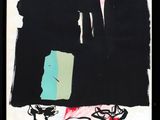 an image of a black and white painting with red and green paint