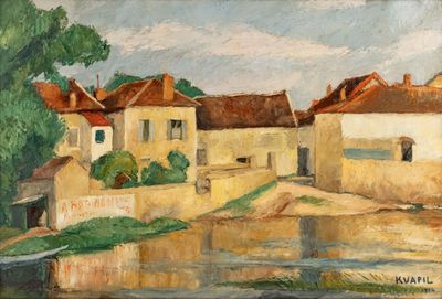 tableau représentant un village avec une rivière au premier plan
