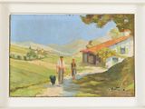 une peinture à l'huile représentant un couple promenant son chien sur un sentier