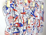 peinture représentant un arbre orné de rubans rouges, blancs et bleus, accrochée au mur