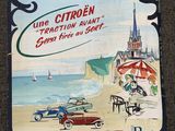 une affiche représentant une voiture sur la plage avec des personnes à bord