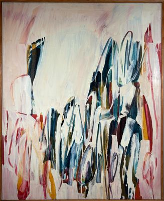 peinture abstraite représentant un groupe de personnes debout devant un tableau