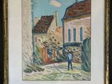 painting of a man walking down a street with a horse and buggy