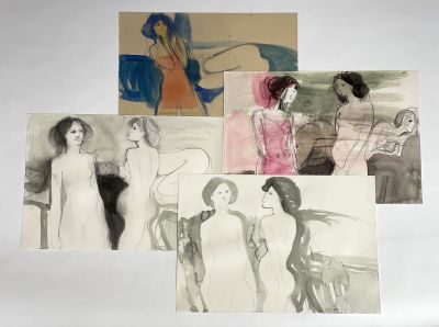 plusieurs dessins représentant une femme en robe blanche et un homme en costume noir
