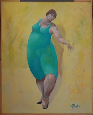 une peinture à l'huile représentant une femme en robe verte devant un mur jaune