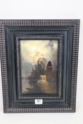 un vieux tableau représentant une scène de vie à la ferme, avec un chien et une maison