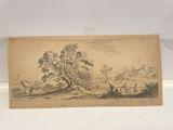 un vieux dessin représentant un paysage avec un arbre et des personnages au premier plan
