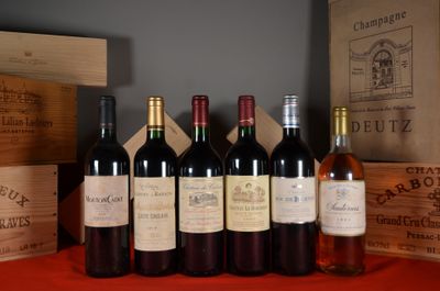 several bottles of wine are lined up on a red table