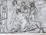 dessin représentant un groupe de personnes et un chien dans un champ