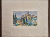 une image représentant une photo d'un tableau représentant une ville, dans un cadre