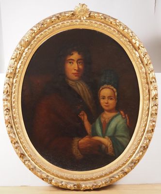 un vieux tableau représentant un homme et une femme en robe bleue