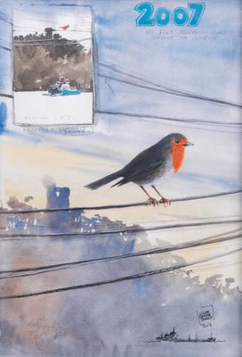 a painting of a bird sitting on top of a wire