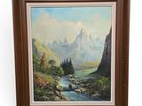 une peinture à l'huile représentant un paysage de montagne avec un ruisseau au premier plan