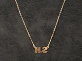 a woman wearing a necklace with the word sh on it