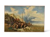 une peinture à l'huile représentant un bateau sur la plage, près d'un village