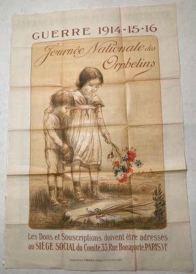 affiche française représentant un garçon et une fille en train d'arroser des fleurs, accrochée au mur