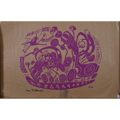 un dessin violet sur un papier brun représentant un oiseau