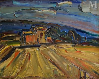 une peinture à l'huile représentant une scène de campagne avec une maison au loin