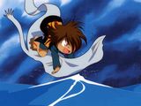 image de bande dessinée représentant une jeune fille volant dans les airs, debout sur un snowboard