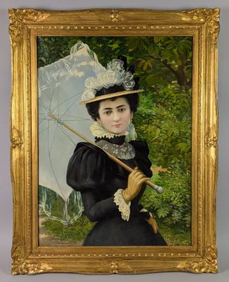 tableau représentant une femme en robe noire tenant un parapluie blanc