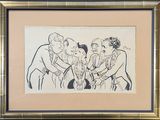 un dessin en noir et blanc d'un groupe de personnes dans une pièce