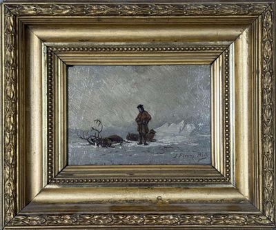 tableau représentant un homme et un chien dans la neige, avec un traîneau