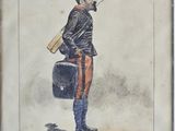 tableau représentant un homme en uniforme tenant une valise et fumant une cigarette