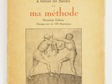 an old book with a drawing of two men fighting each other