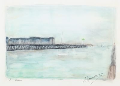 tableau représentant une jetée avec un bateau et un bâtiment en arrière-plan
