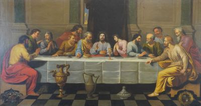 tableau représentant un groupe de personnes assises autour d'une table