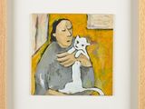 un tableau représentant une femme tenant un chien dans ses bras